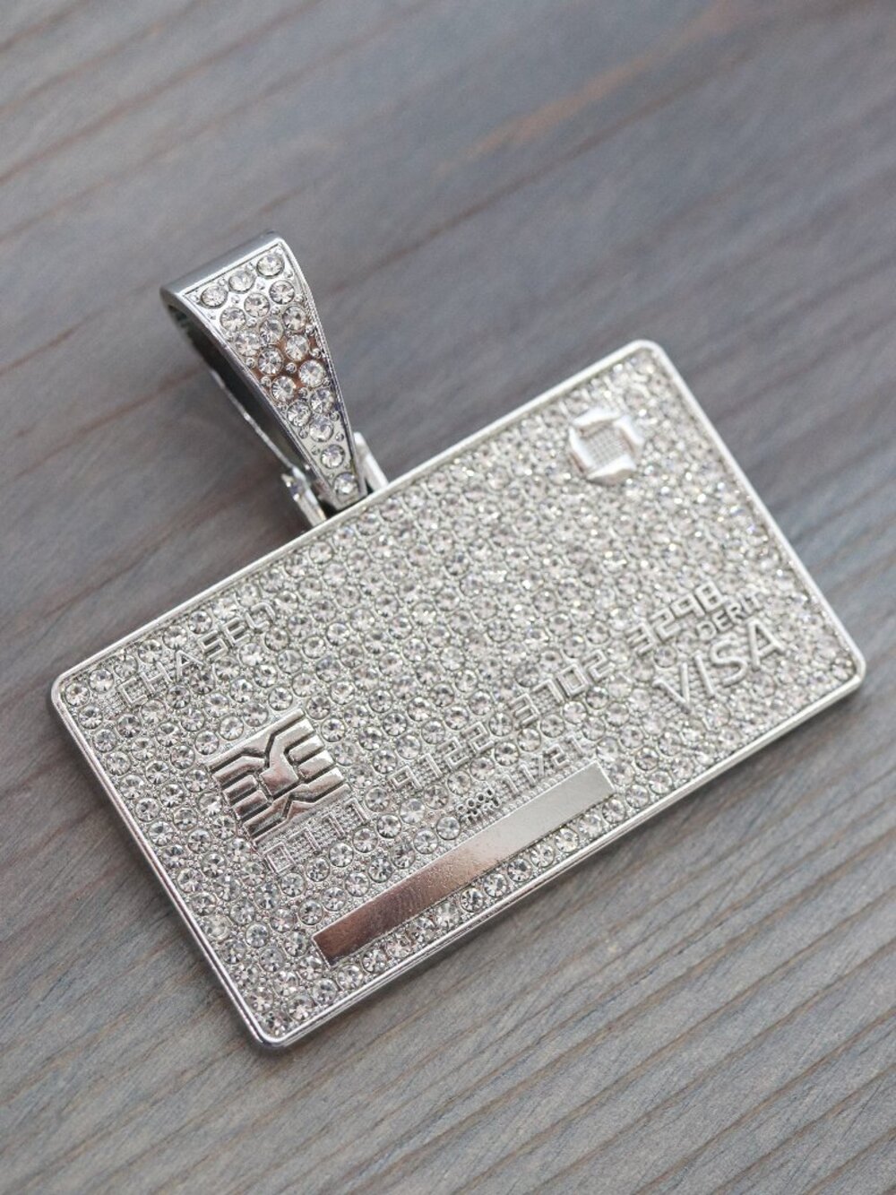 Credit Card Ice Style with Rhinestones Pendant Silver Plated